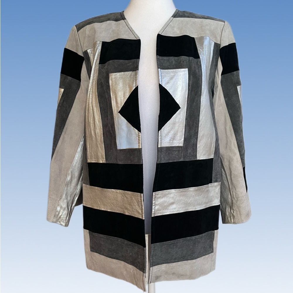 LEATHER Adrienne Landau Silver gray and Black Geometric Blazer size M